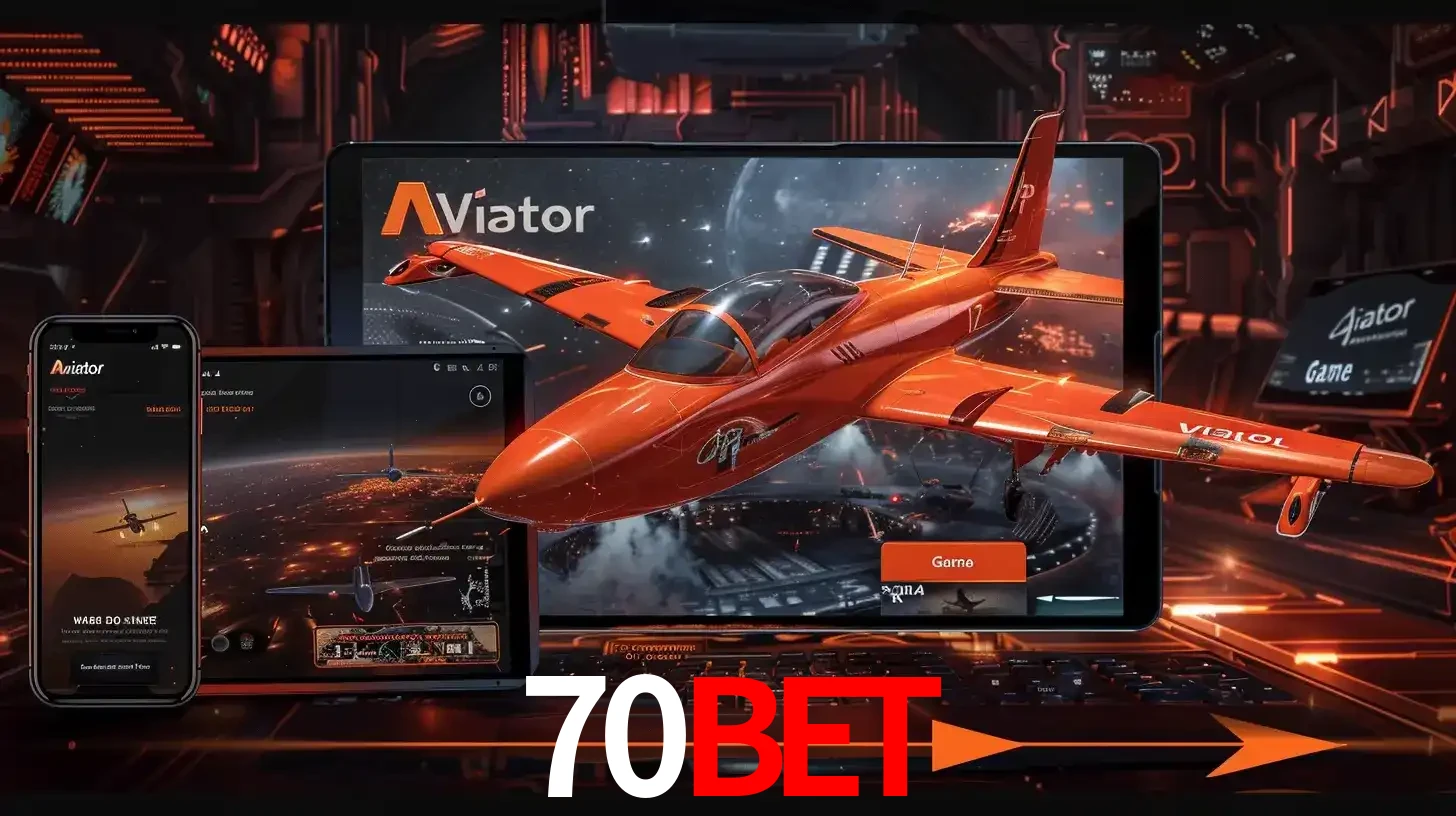 Apresentação tecnológica do jogo Aviator com um avião saindo da tela de um tablet, demonstrando a experiência imersiva em múltiplos dispositivos no 70BET.
