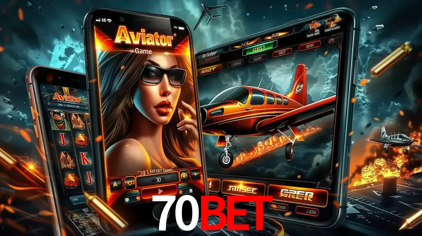 O popular jogo de apostas Aviator exibido em vários celulares e tablets, mostrando a interface emocionante e a ação de voo disponíveis para jogar agora no 70BET.
