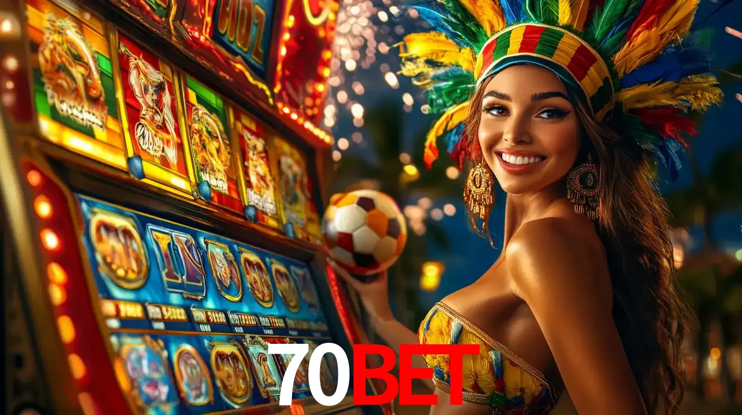 Mulher com um cocar de carnaval ao lado de uma máquina de caça-níqueis enquanto segura uma bola de futebol, mostrando a união da diversão de cassino e esportes no 70BET.