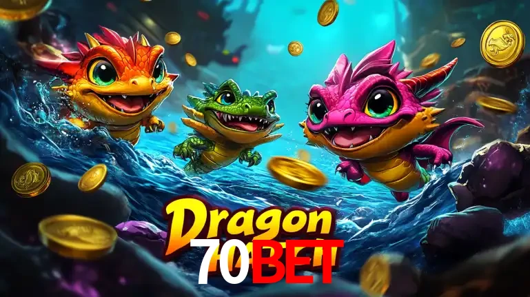 Arte promocional do jogo Dragon Hatch com três adoráveis dragões bebês nadando entre moedas de ouro, um dos slots mais divertidos para jogar no cassino 70BET.
