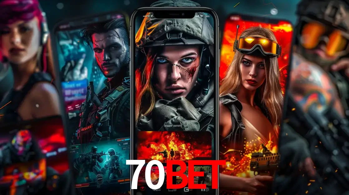 Montagem de telas de celular mostrando diversos personagens, masculinos e femininos, de um jogo de tiro, ilustrando a diversidade de equipes de e-sports para apostar no 70BET.