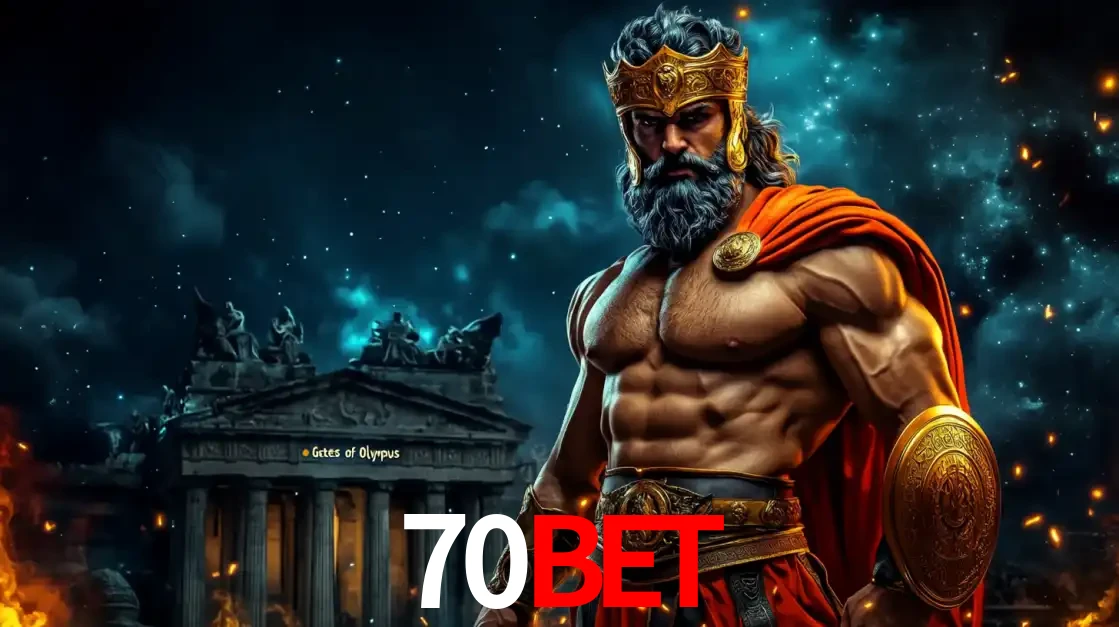 O poderoso Zeus do jogo de slot Gates of Olympus em frente ao seu templo, pronto para lançar multiplicadores divinos e prêmios épicos no cassino online 70BET.