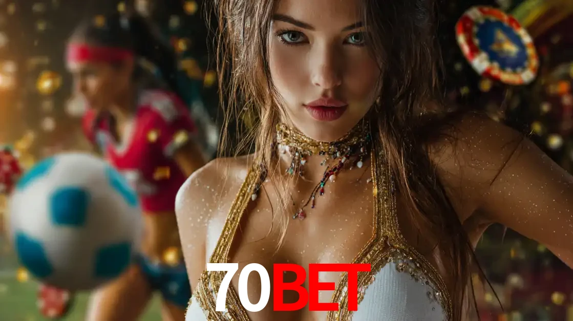 Mulher elegante representando a combinação de glamour e emoção das apostas esportivas, com uma jogadora de futebol ao fundo, destacando a ação no 70BET.