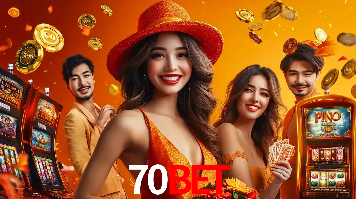 Grupo de amigos asiáticos sorrindo e se divertindo com máquinas de caça-níqueis em um ambiente festivo, celebrando suas vitórias nos jogos de cassino do 70BET.