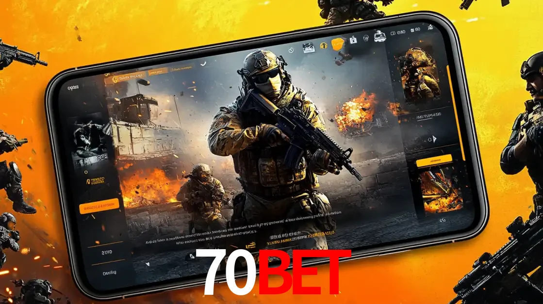 Um smartphone exibindo a interface de um jogo de tiro em primeira pessoa, com um soldado em um cenário de batalha, representando a ação dos e-sports para apostar no 70BET.