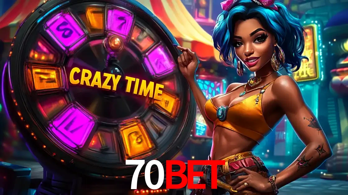 Mulher estilizada com cabelo azul e visual vibrante posando ao lado da roda de prêmios do game show Crazy Time, convidando para a diversão e os bônus do cassino 70BET.
