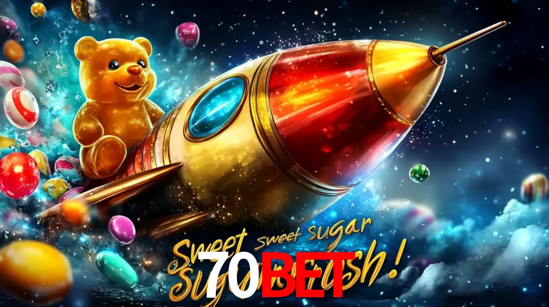 Arte promocional do jogo de slot Sugar Rush, com um urso de pelúcia em um foguete viajando pelo espaço de doces, um dos jogos divertidos disponíveis no cassino 70BET.