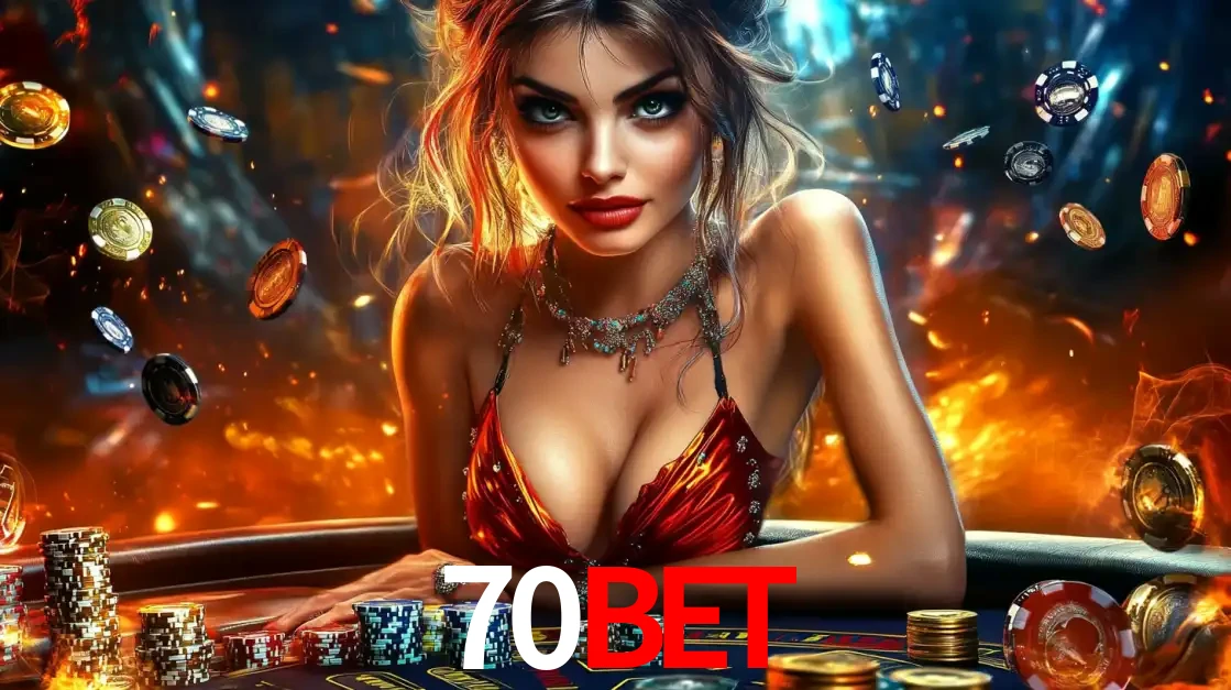 Mulher em uma mesa de cassino com pilhas de fichas e um fundo de fogo, pronta para uma rodada de altas apostas nos jogos de mesa emocionantes do cassino 70BET.