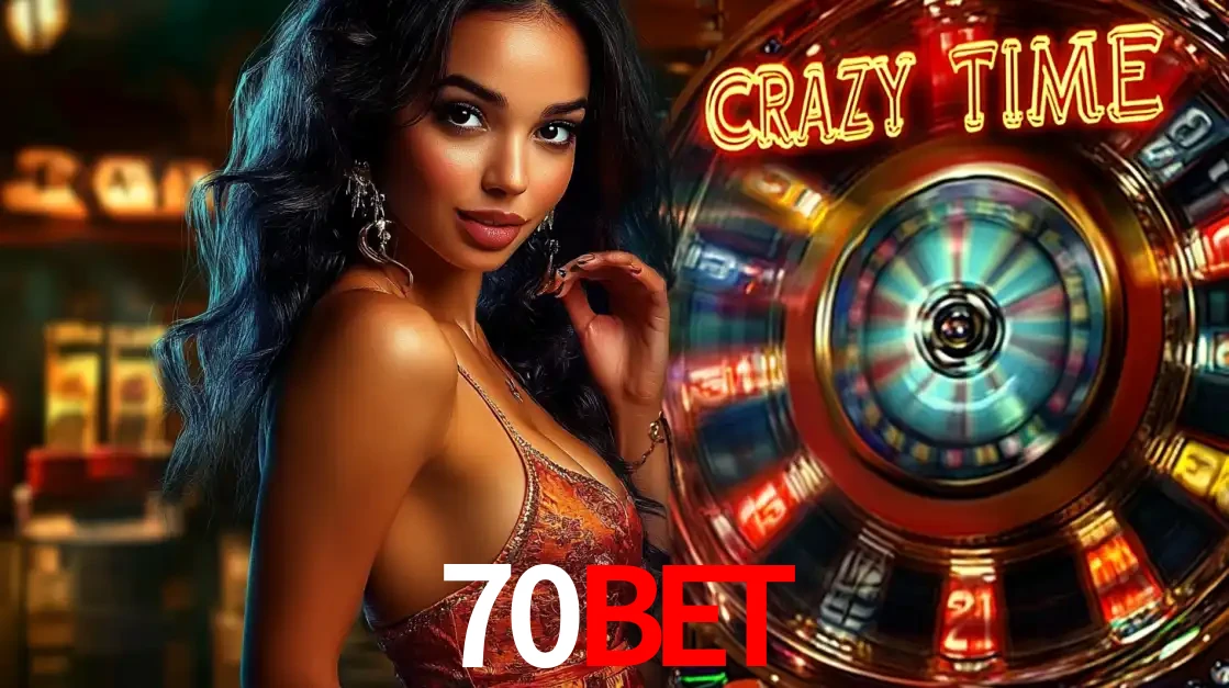 Mulher elegante ao lado da vibrante roda da fortuna do jogo de cassino ao vivo Crazy Time, um dos game shows mais populares e cheios de prêmios do 70BET.