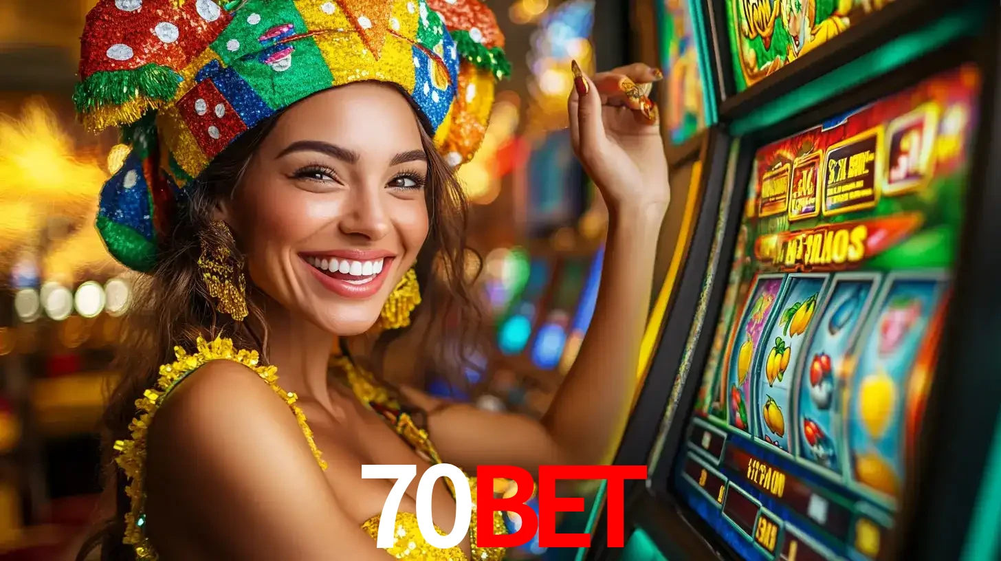 Mulher feliz com traje de carnaval amarelo e colorido ao lado de uma máquina de caça-níqueis, aproveitando a diversão e os jogos temáticos do cassino 70BET.