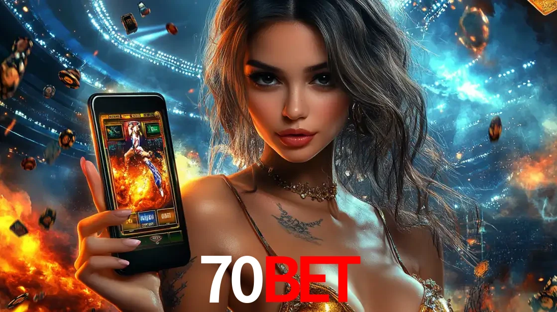 Mulher segurando um celular com um jogo de slot em destaque, tendo como fundo um estádio vibrante, simbolizando a emoção de jogar no cassino móvel 70BET.