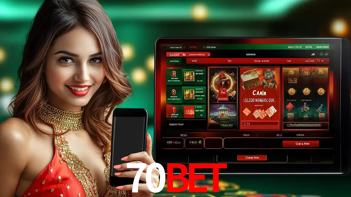 Mulher sorridente segurando um smartphone, ao lado de uma tela exibindo o lobby de jogos do cassino online 70BET, com várias opções de jogos de cartas e slots.